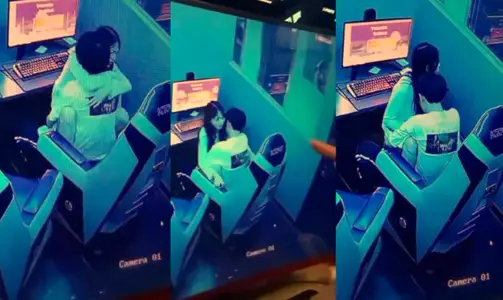 山東某網吧監控偷拍，一對年輕情侶趁私下無人在網吧座椅上操逼偷情