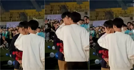 某大学操场，两男生表白现场的!